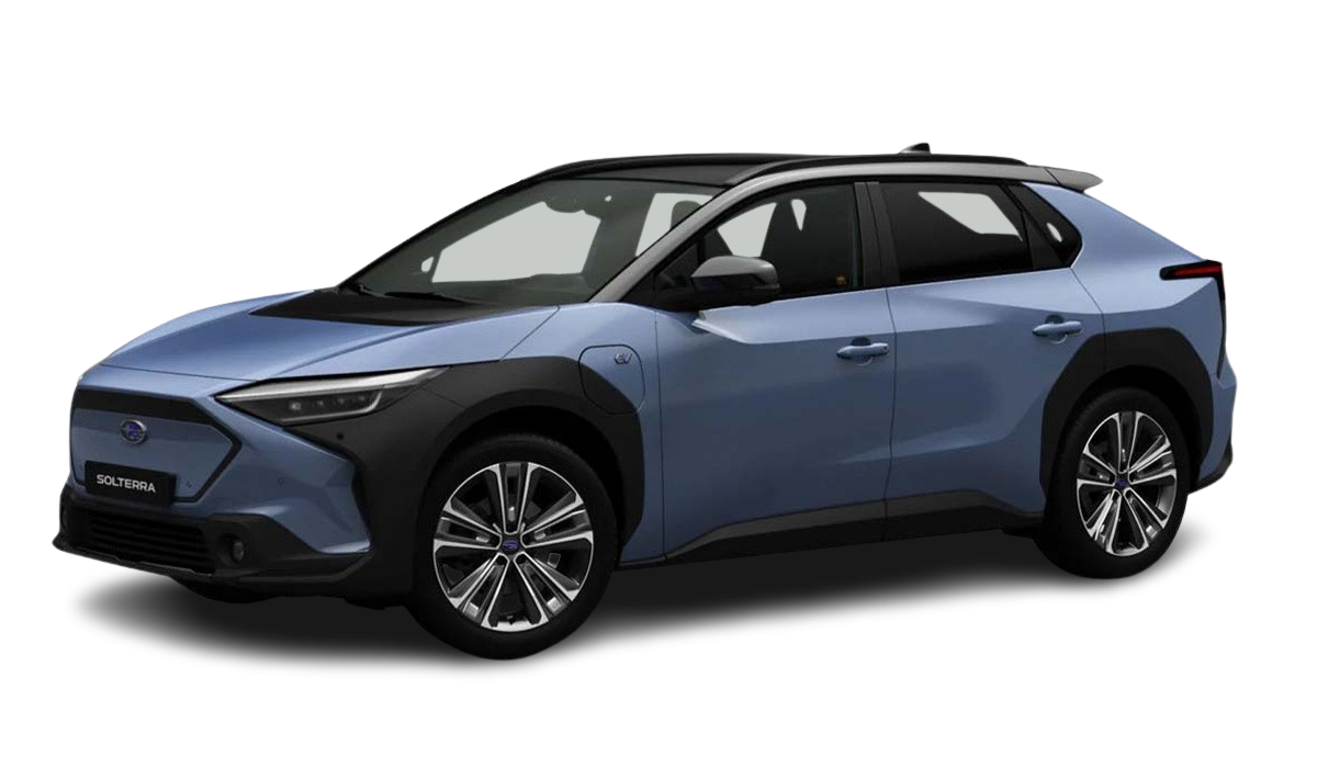 zu sehen ist ein blauer Subaru Solterra vor einem weißem Hintergrund
